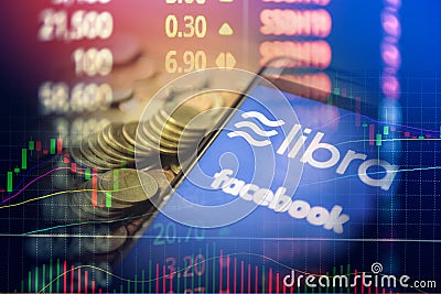 Libra coin blockchain concept / New project libra a cryptocurrency launched by Facebook stock graph charts looks to mainstream Editorial Stock Photo