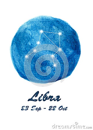 Libra constellation icon of zodiac sign Libra in cosmic stars space. Blue starry night sky inside circle background. Stock Photo