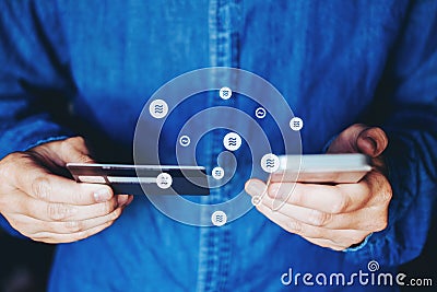 Libra Cryptocurrency Online banking businessman using smartphone with credit card Fintech and Blockchain concept Editorial Stock Photo