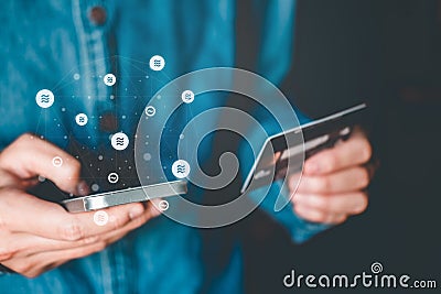 Libra Cryptocurrency Online banking businessman using smartphone with credit card Fintech and Blockchain concept Editorial Stock Photo