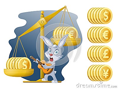 Libra and funny rabbit. Currency rate. Dollar, Euro, yen, pound sterling Vector Illustration