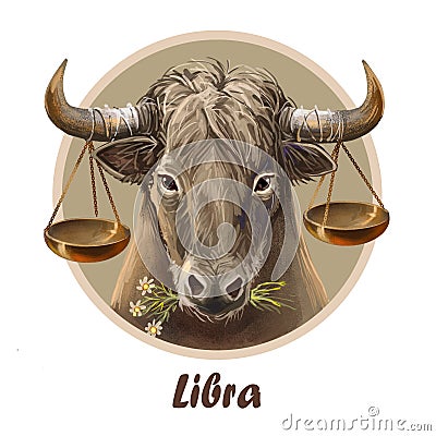 Libra metal ox year horoscope zodiac sign isolated. Digital art illustration of chinese new year symbol, astrology lunar Cartoon Illustration