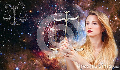 Libra Zodiac Sign. Astrology and horoscope, Beautiful woman Libra on the galaxy background Stock Photo