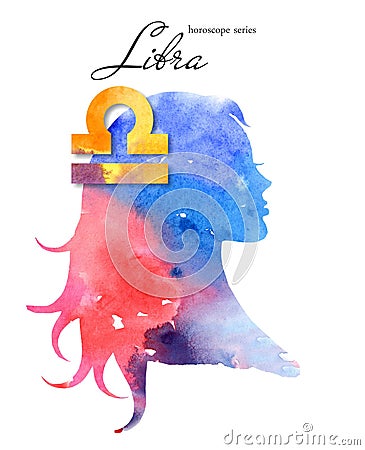 Libra zodiac sign. Beautiful girl silhouette. Watercolor illustration. Horoscope series Cartoon Illustration