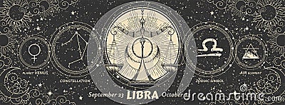 Libra zodiac sign, modern astrology graphic banner on vintage black background with sun and moon. Realistic vintage Vector Illustration