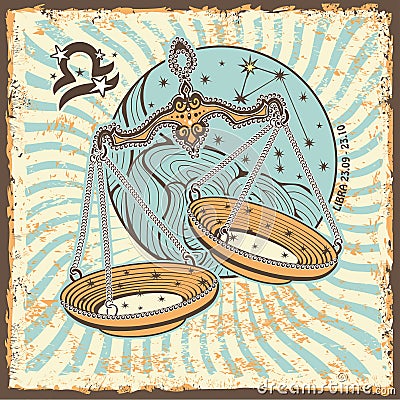 Libra zodiac sign. Vintage Horoscope card Vector Illustration