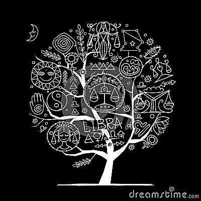 Libra Zodiac Tree. Element of Air. Design of Astrology Calendar, Horoscope, Print. Cartoon Illustration