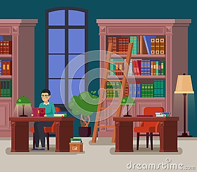 Librarian or student at library or athenaeum Vector Illustration