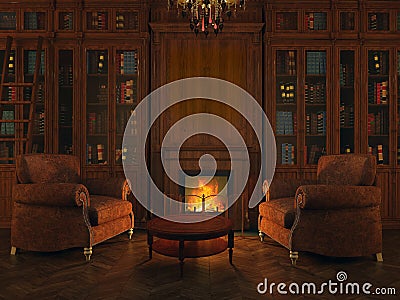 Libraries around the fireplace Stock Photo