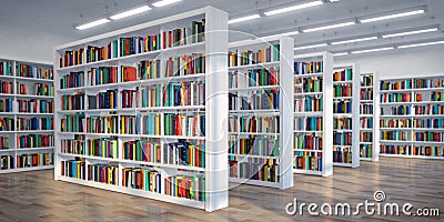 Library. Background from white bookshelves with books and textbooks. Learning and education concept Cartoon Illustration