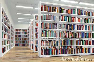 Library. Background from white bookshelves with books and textbooks. Learning and education concept Cartoon Illustration