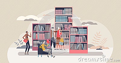 Library for book and literature reading and learning tiny person concept Vector Illustration