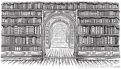 Library book shelf interior graphic sketch black white illustration vector Vector Illustration