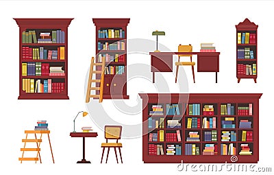 library. book shelves for library interiors symbols of knowledge wooden furniture for books novels. Vector literature Vector Illustration