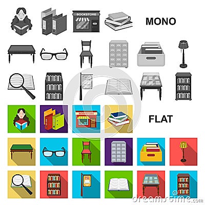 Library and bookstore flat icons in set collection for design. Books and furnishings vector symbol stock web Vector Illustration