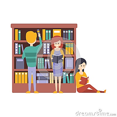 Library Or Bookstore With People Choosing And Reading Books Next To Bookshelf Vector Illustration