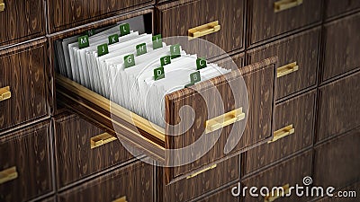 Library catalogue wooden drawer with letters. 3D illustration Cartoon Illustration