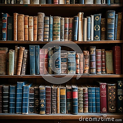 Library collection diverse books on display in public bookshelf Stock Photo