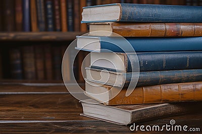 Library essentials stack of books over wooden table for education Stock Photo