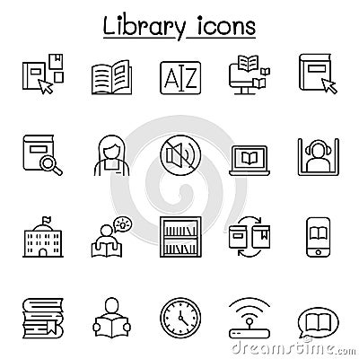 Library icon set in thin line style for website, application, printing, poster, document, card etc Vector Illustration