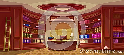 Library interior, bookcase, bookshelf, desk, window with curtain. Oval office, decorated furniture, mahogany, carpet. Large Vector Illustration