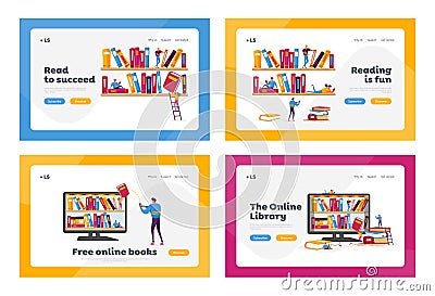 Library, Media Archive Landing Page Template Set. People Read and Study, Students Prepare for Exam, Gaining Knowledges Vector Illustration