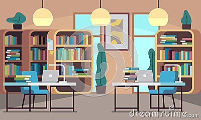 Library. Public reading room with bookcase, bookshelves, wooden desks, chairs and computers, college education, modern Vector Illustration