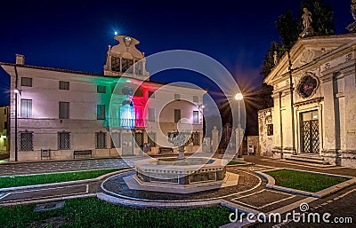 :The library square in Casale sul Sile italy illuminated with italian flag lights Editorial Stock Photo