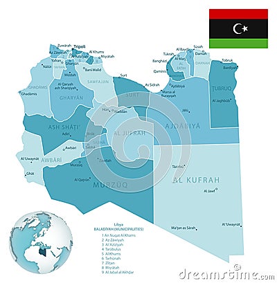 Libya administrative blue-green map with country flag and location on a globe Cartoon Illustration