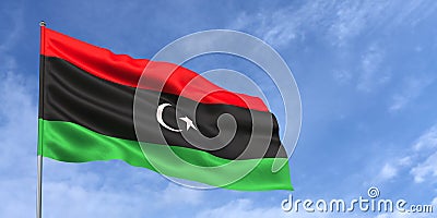 Libya flag on flagpole on blue sky background. Libyan flag fluttering in the wind against a background of sky with clouds. Place Cartoon Illustration