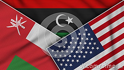 Libya United States of America Oman Flags Together Fabric Texture Illustration Stock Photo