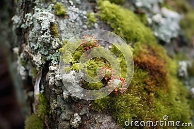 lichen and moss coexisting on a weathered stone Stock Photo