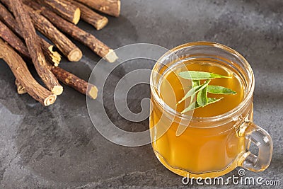Licorice tea sweetened with stevia - Glycyrrhiza glabra. Top view Stock Photo