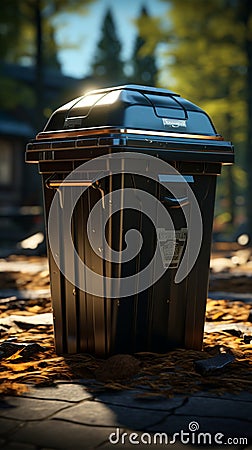 Lid placed on waste filled garbage can, addressing waste management Stock Photo