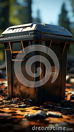 Lid placed on waste filled garbage can, addressing waste management Stock Photo