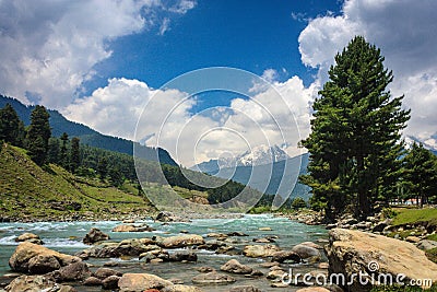 Lidder river flowing through picturesque Pahalgam Stock Photo