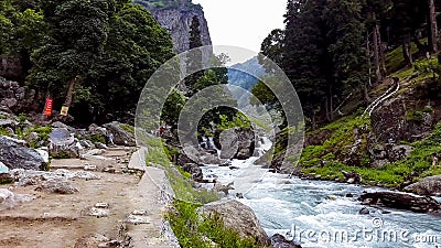 Lidder River flows through scenic Himalayas in Amarnath trek route, Jammu and Kashmir, India Stock Photo