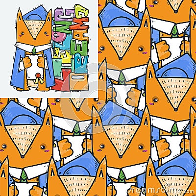 Lie Long Dream. Seamless pattern of a Fox wearing graduation cap Stock Photo