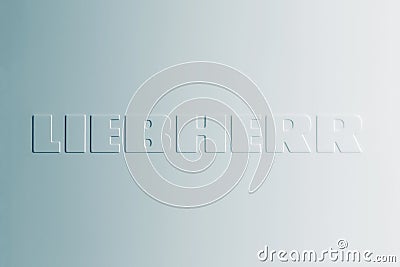 Liebherr logo on white kitchen refrigerator door, closeup Editorial Stock Photo