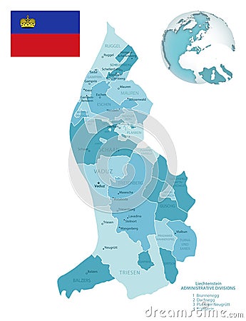 Liechtenstein administrative blue-green map with country flag and location on a globe Vector Illustration