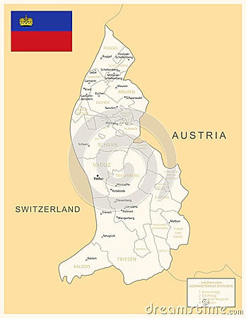 Liechtenstein - detailed map with administrative divisions and country flag Cartoon Illustration