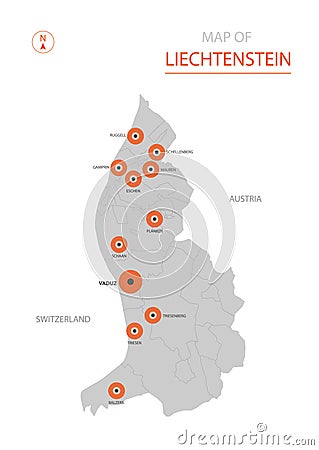 Liechtenstein map with administrative divisions. Vector Illustration