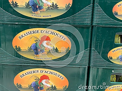 Closeup of stacked beer crates with logo lettering of belgian beer brand achuffe Editorial Stock Photo