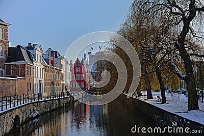 Lieve canal on a winter day with snow in Ghent, belgium Editorial Stock Photo