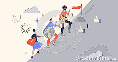 Life ambitions, relationship and work balance retro tiny person concept Vector Illustration