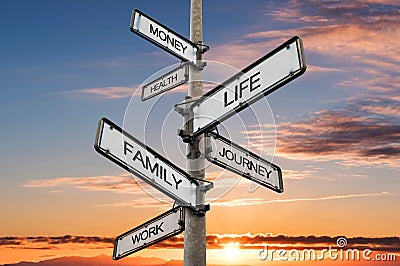 Life balance choices signpost, with sunrise sky backgrounds Stock Photo