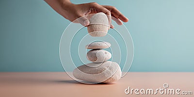 Life Balance Concept. Hand Setting White Natural Zen Stone Stack. Balancing Mind, Soul and Spirit. Mental Meditation Stock Photo