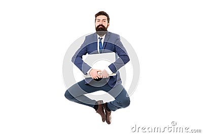 Life balance concept. Inspiring innovations. Businessman inspired guy feel peaceful. Man peaceful hold laptop jump Stock Photo