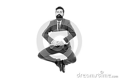 Life balance concept. Inspiring innovations. Businessman inspired guy feel peaceful. Man peaceful hold laptop jump Stock Photo