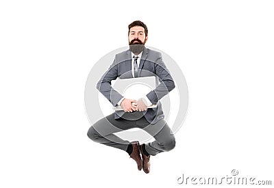 Life balance concept. Inspiring innovations. Businessman inspired guy feel peaceful. Man peaceful hold laptop jump Stock Photo